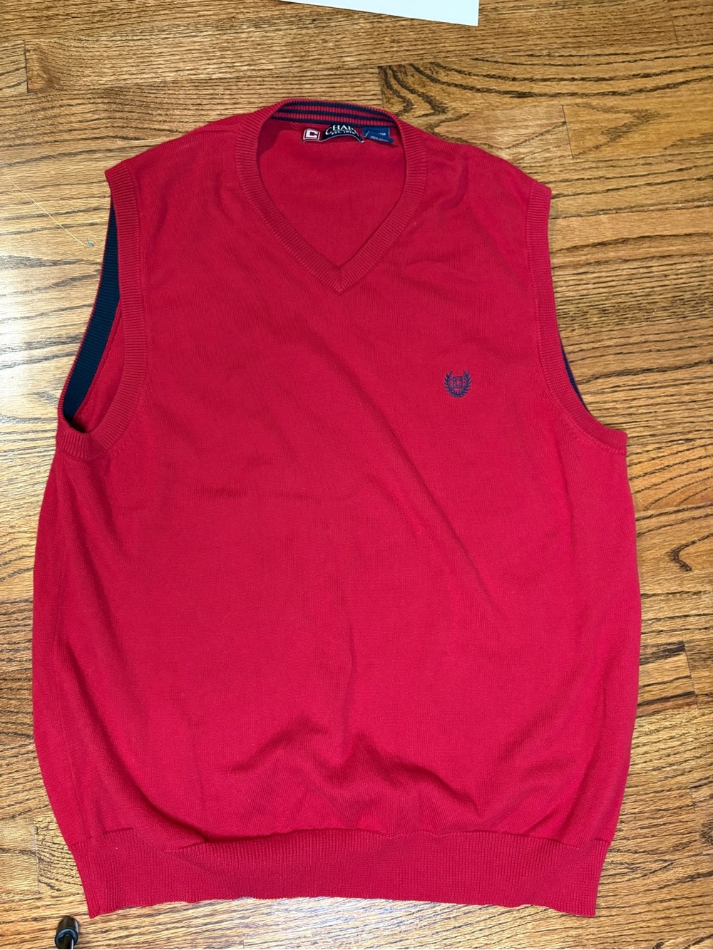 Chaps Red V-Neck Men's Sweater Vest with Navy Trim